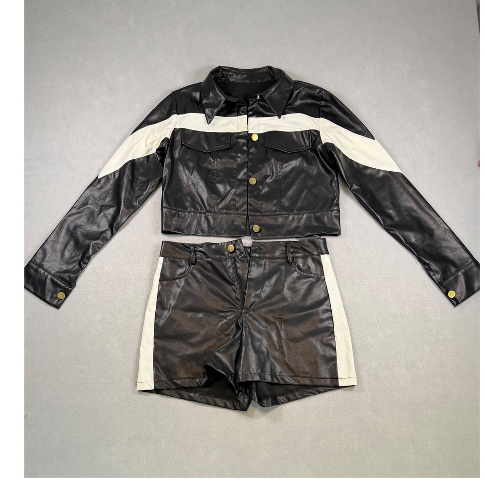 The Baddie Shop Faux Leather Moto Jacket and Shorts Set Black White Stripe M